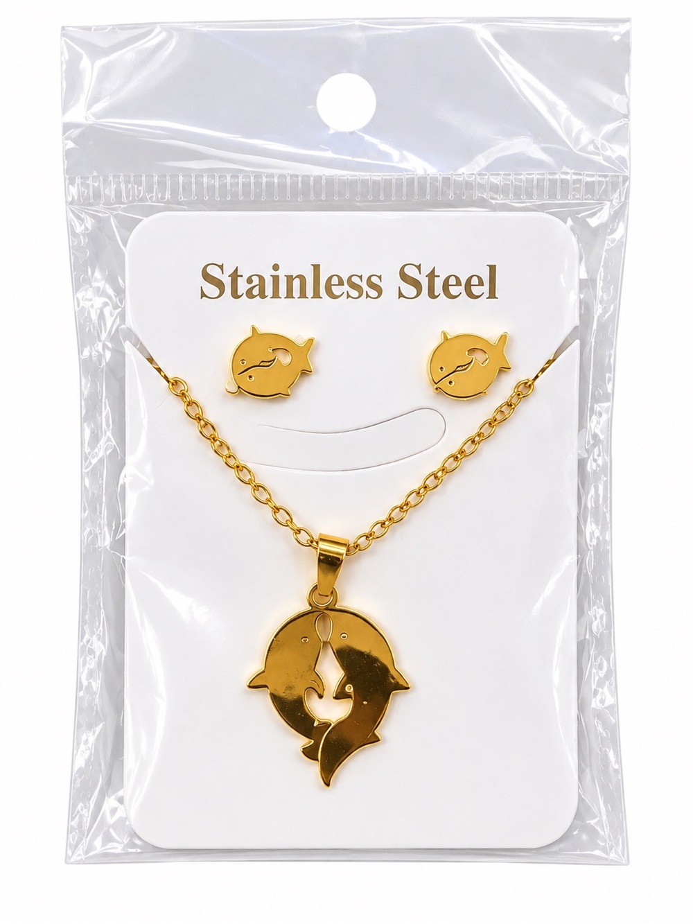 Stainless Steel Gold Dolphin Heart Necklace & Earrings Set
